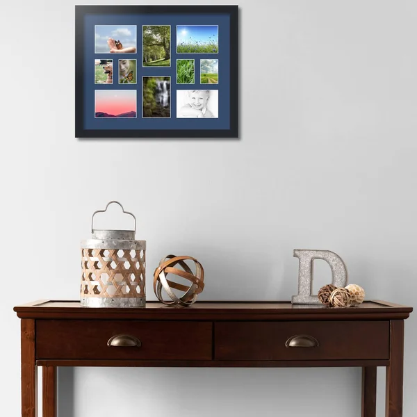 Collage Picture Frame - Satin Black Frame with 10 openings for 4x6 Photos with Delft Blue Mat. D3926FI401, ArtToFrames
