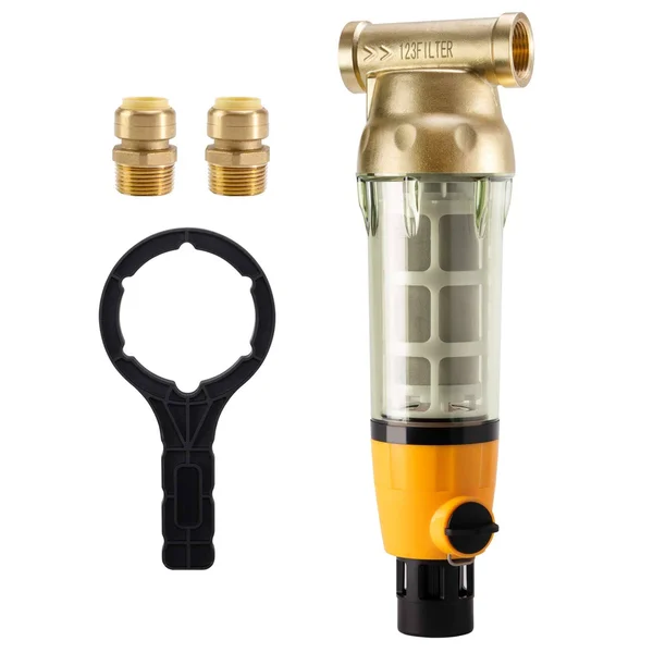 iSpring WSP100B Large Reusable Whole Spin-Down Sediment Water Filter with Scraper and Brass Top Clear Housing - 100 Micron