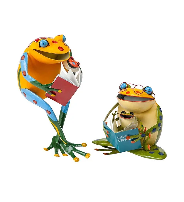 Handmade Metal Reading Frog Garden Sculpture - Size: One-Size, Red