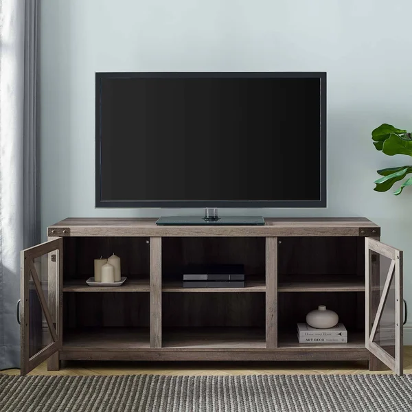 Walker Edison 58x22 Glass Barn Door Farmhouse TV Stand Console - Grey Wash