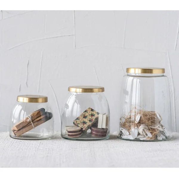Creative Co-op Round Glass Jars with Brass Finish Lids Set of 3 Sizes