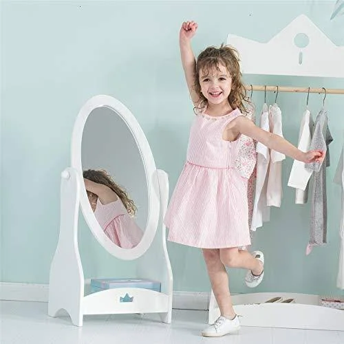 Jolie Vallae Toys & Home Crown Kids Wood Floor Standing Mirror Full Length White Oval Body Mirrors Dressing Mirror Swivel Wo
