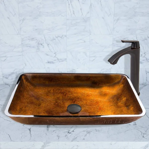 Vigo Rectangular Russet Glass Vessel Sink and Linus Faucet Set - Antique Rubbed Bronze VGT494