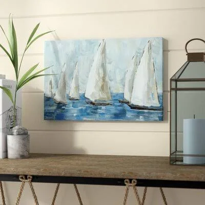 &Coastal Sailboat Race& Print Three Posts Format: Wrapped Canvas, Size: 32x22 H x 48x22 W