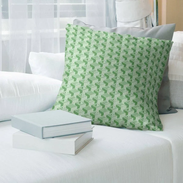 Cool Tones Classic Skyscrapers Pattern Throw Pillow - 18 x 18 - Green - Cotton