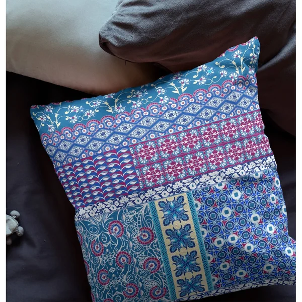 Amrita Sen Flower Castle Patchwork Suede Zippered Pillow W Insert in Navy and Maroon - 16x22x16x22