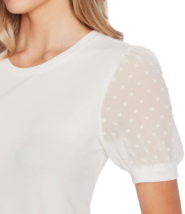 Women's Cece Puff Sleeve Mixed Media Top - Medium - Soft Ecru