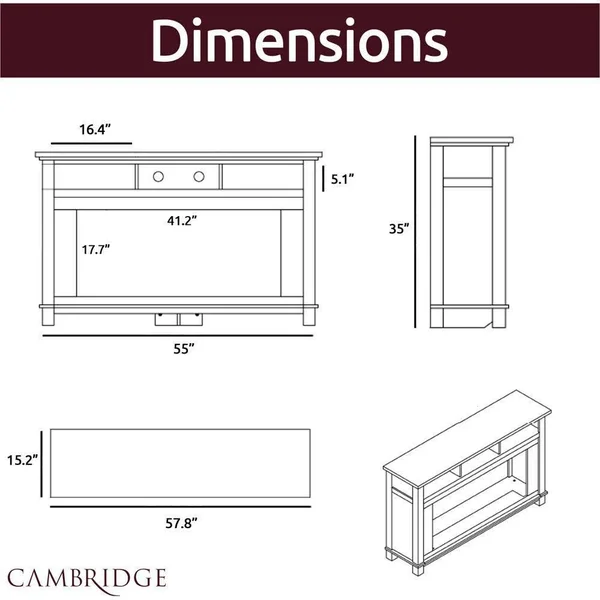 Cambridge San Jose Fireplace Entertainment Stand in White with 50 inch Color-Changing Fireplace Insert and Crystal Rock Display