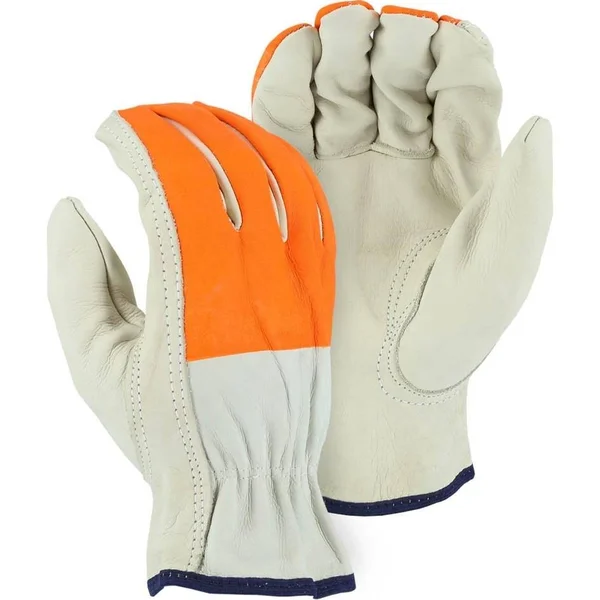 Leather Drivers Glove - BC-Grade Cowhide, Keystone Thumb, High Visibility Print Fingers, Majestic (Pk 12 Pairs) 3X-Large