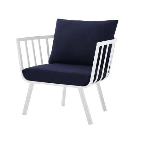 America Luxury Contemporary Modern Designer Outdoor Patio Balcony Garden Furniture Armchair Lounge Chair, Aluminum Fabric, Navy