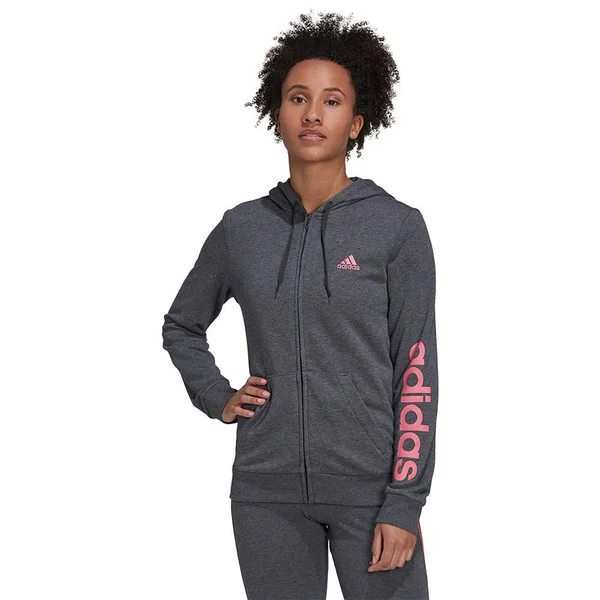 Adidas Essentials Logo Full Zip Hoodie Grey Pink Women - Xs