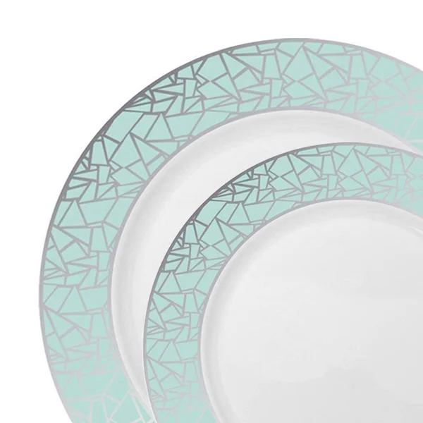 120 Dinner Plates + 120 Salad Plates, Turquoise with Silver Mosaic Rim Combo Plastic Dinnerware Value Set