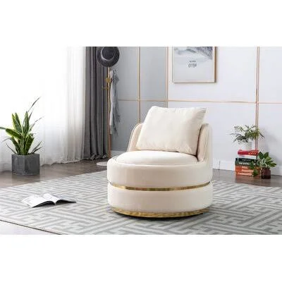 Modern Swivel Vanity Chair, Velvet Makeup Barrel Chair, Comfy Accent Sofa Lounge, Leisure Round Chair with Gold Base and Pillow