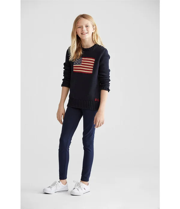 Ralph Lauren Girls 7-16 Flag Cotton Crewneck Sweater - Hunter Navy - XL