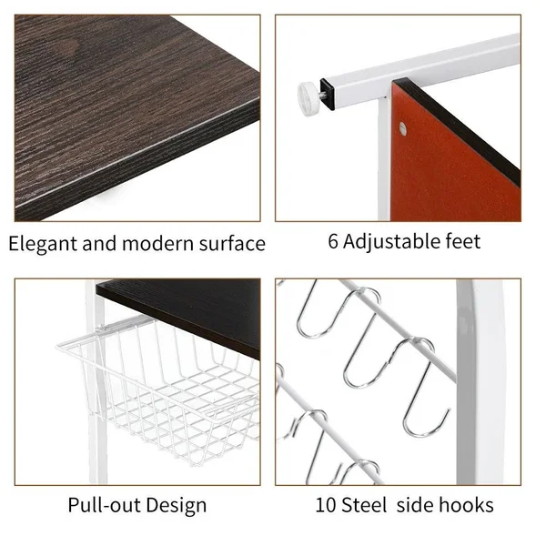 Phoebecat 4-Tier Kitchen Baker&s Rack Storage Shelf Microwave Stand w/ 10 Hooks - Deep Brown