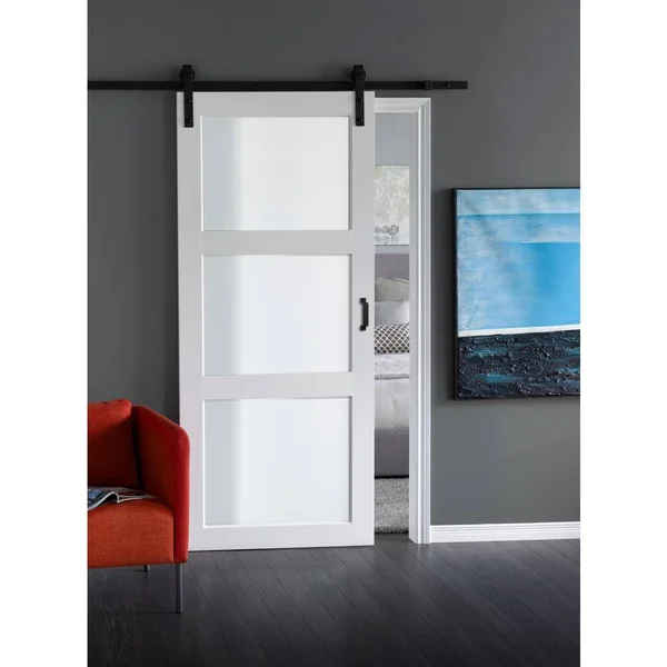 Renin BD061W01E36084 Continental Hall 36x22 x 84x22 3-Lite Interior Barn Door with Track and Hardware Bright White Doors Barn Do