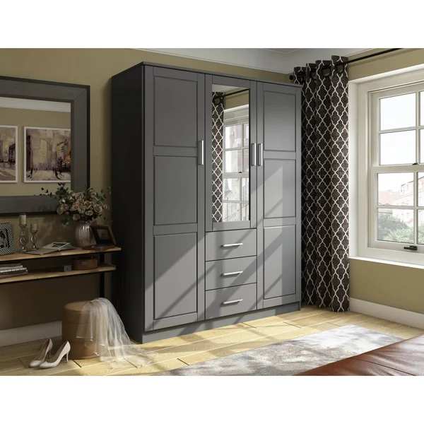 100% Solid Wood 3-Door Cosmo Wardrobe with Mirror 7115 by Palace Imports, Gray