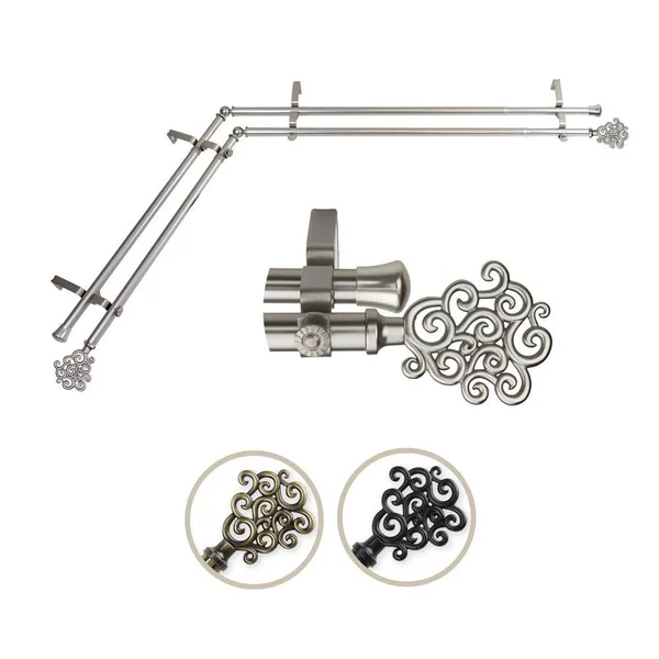 Rod Desyne 13/16x22 Dia Adjustable 48x22 to 84x22 Double Corner Window Curtain Rod in Satin Nickel with Tidal Finials