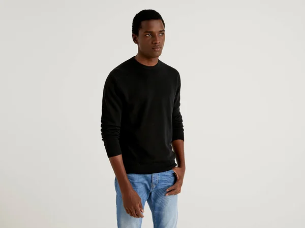 Benetton, Black Crew Neck Sweater in Pure Virgin Wool, Size L, Black, Men
