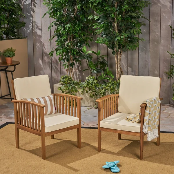 Ray Acacia Outdoor Acacia Wood Club Chairs w/ Cushions - Dark Teal, Brown Patina, Set of 2