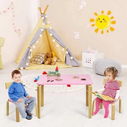 Costway 3 Piece Kids Wooden Activity Table and 2 Chairs Set-Pink