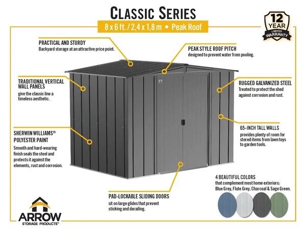 Arrow Classic Steel Storage Shed, 8 ft. x 6 ft., Blue Grey