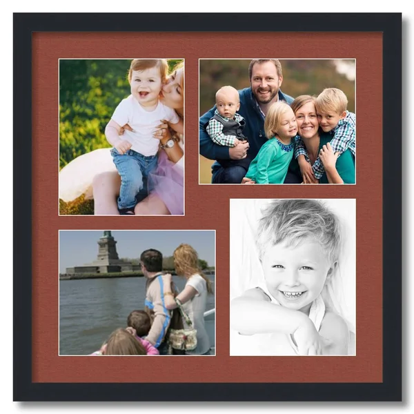 Collage Picture Frame - Satin Black Frame with 4 openings for 8x10 Photos with Brown Cognac Mat. D3926DK5215, ArtToFrames