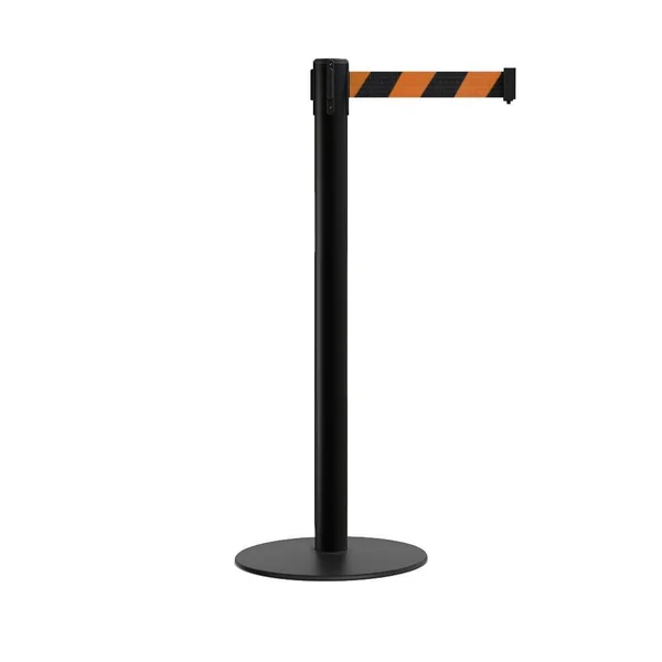 Retractable Belt Barrier Stanchion, Low Profile Steel Base, Black Post, 7.5ft. Belt - Montour Line MX630 by Crowd Control Wareho