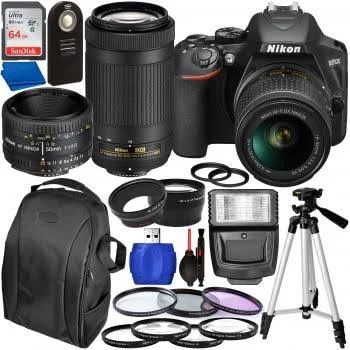Nikon D3500 DSLR Camera with 18-55mm - 70-300mm, & 50mm Nikon Lenses and Accessory Bundle