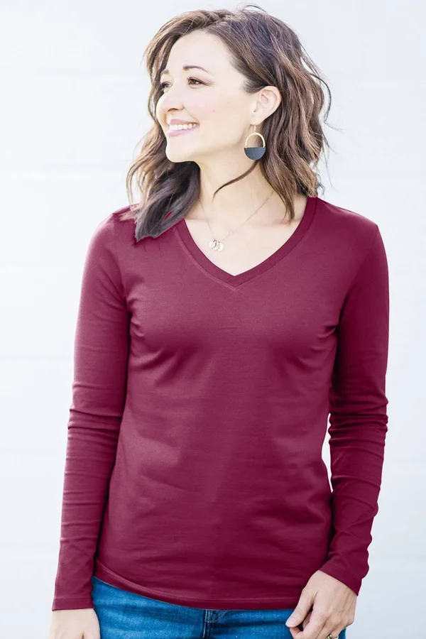 Womens Organic Cotton Long Sleeve V-Neck T-Shirt - Fair Indigo - Size Xs, Wine