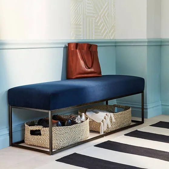 West Elm Box Frame 48x22 Bench - Poly, Performance Coastal Linen, Midnight, Burnished Bronze