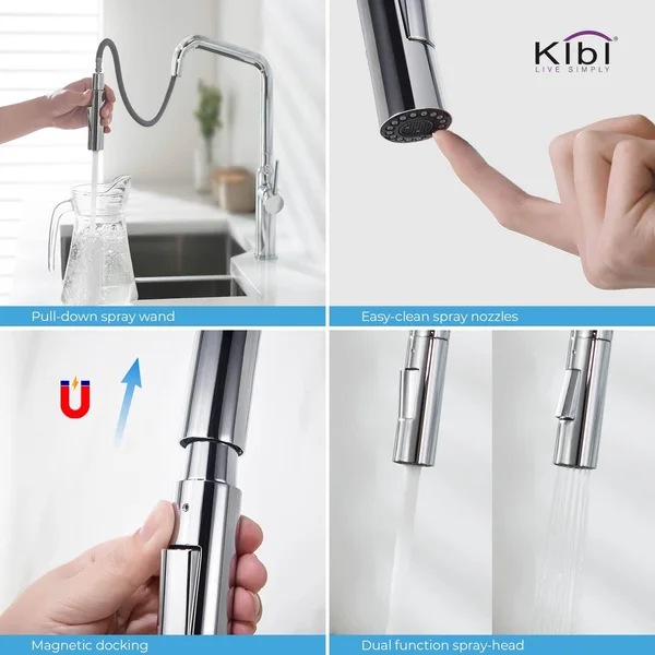 KIBI Lead Free Solid Brass High Arc Pull Out Single Level Kitchen Faucet Chrome