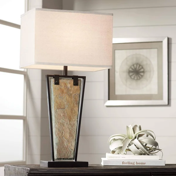 Franklin Iron Works Modern Table Lamp Tapered Natural Slate Bronze Metal Rectangular Shade for Living Room Family Bedroom Bedsid