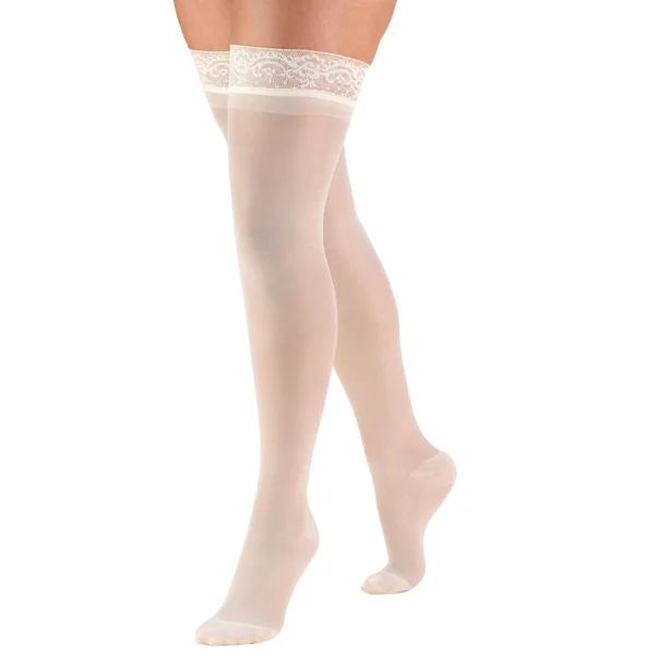 Activa 20-30 mmHg Soft Fit Thigh High with Lace Top Socks, Ivory, Queen