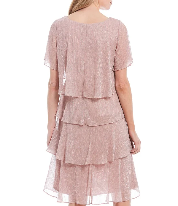 Ignite Evenings Shimmer Tiered Ruffle Scoop Neck Short Flutter Sleeve Dress - 6
