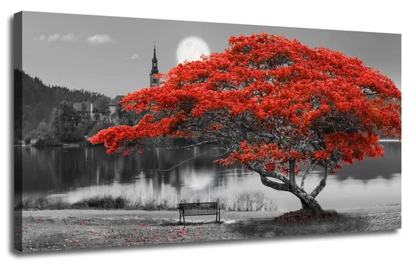 Arjun Canvas Wall Art Painting Red Tree Lake Moon Picture One Panel Extra Large size, Modern Panoramic Landscape Artwork Prints