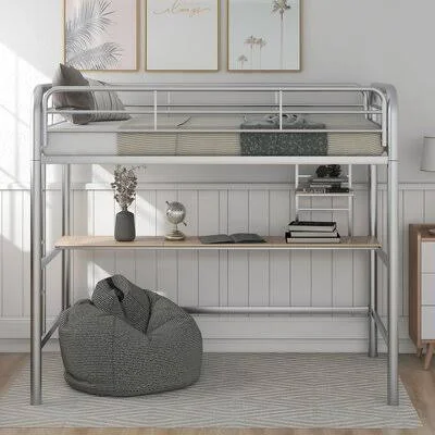 Twin Metal Loft Bed with Desk and Shelve Mason & Marbles Bed Frame Color: Silver