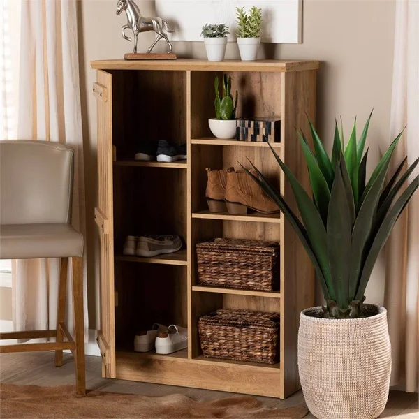 Bowery Hill Natural Oak Browned Wood 1-Door Shoe Cabinet