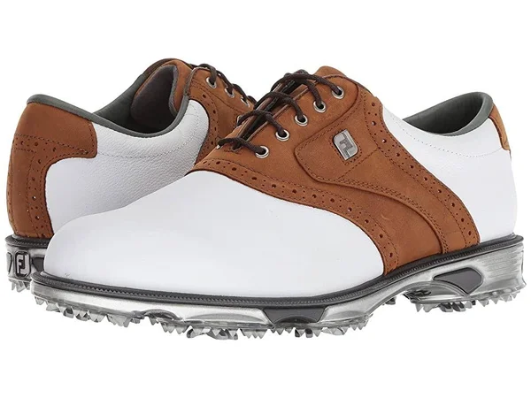 DryJoys Men's Tour Golf Shoes Spiked Saddle in White, Bomber Taupe Size 9 N