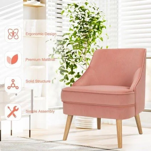 Velvet Upholstered Accent Chair with Rubber Wood Legs-Pink, Costway