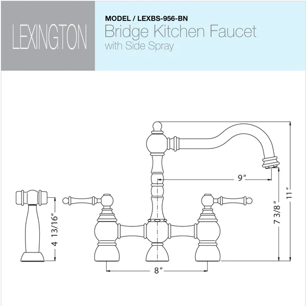 Houzer Lexington Traditional Bridge Kitchen Faucet with Sidespray and CeraDox Technology - Brushed Nickel (lexbs-956-bn)