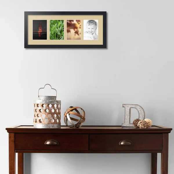 Collage Picture Frame, Satin Black Frame with 4 openings for 5x7 Photos with Green Whisper Mat. D3926GI15, ArtToFrames