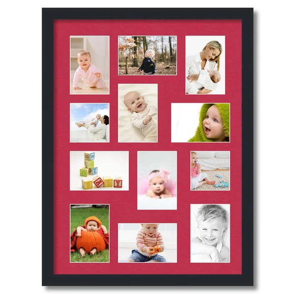 Collage Picture Frame - Satin Black Frame with 12 openings for 4x6 Photos with Red Rouge Mat. D3926CS1286, ArtToFrames