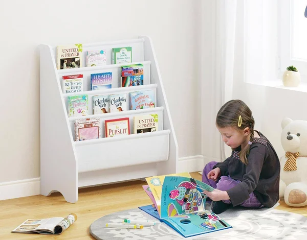 Utex Kids Sling Bookshelf, Magazine Rack - Book Rack for Kids, Book Organizer (White)