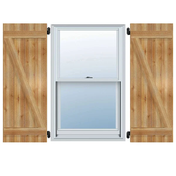 32 1/4x22W x 21x22H TimberCraft Six 5 3/8x22 Boards Joined Board-n-Batten Shutters w/Z-Bar - Rough Sawn Western Red Cedar (Per Pa