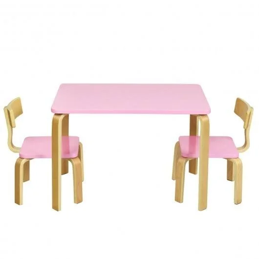 Costway 3 Piece Kids Wooden Activity Table and 2 Chairs Set-Pink