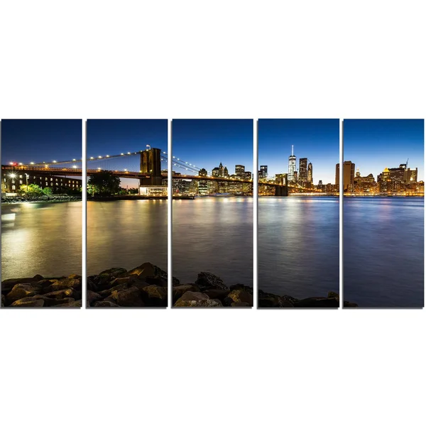 Designart Distant View of Brooklyn Bridge Cityscape Canvas Print 5 Panels - 61431830018