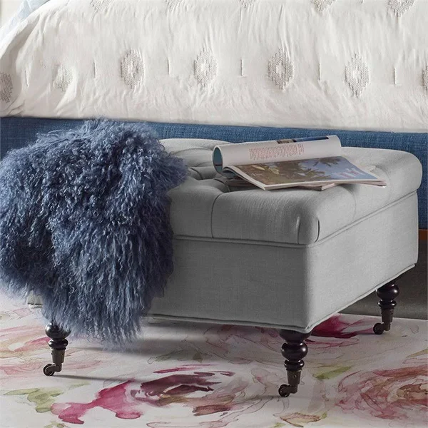 Natural Greige Square Tufted Storage Ottoman in Pearl Gray