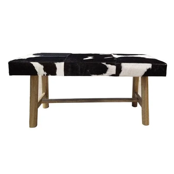 Pancho Black & White Cowhide Bench with Wooden Legs