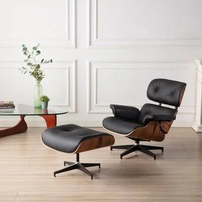 Handler 83.82Cm Wide Tufted Genuine Leather Swivel Lounge Chair and Ottoman Wade Logan Leather Type: Black Genuine Leather, Leg